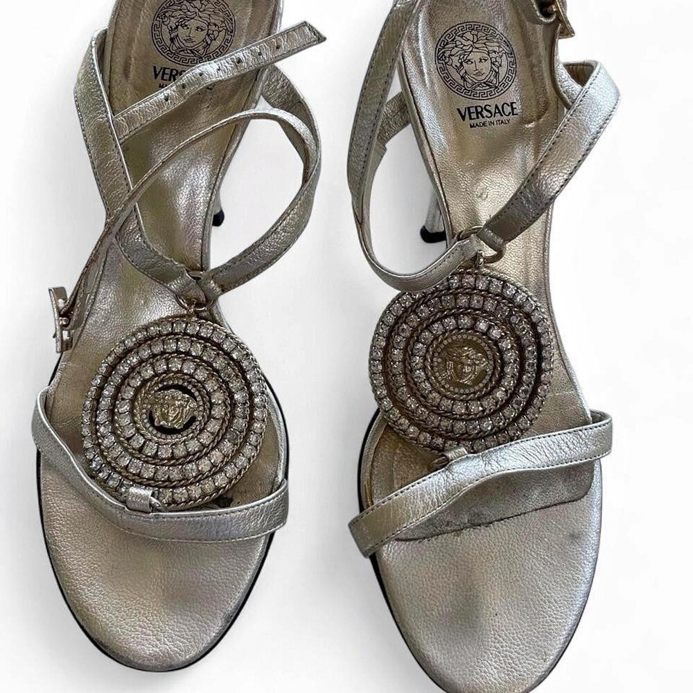 Vintage Versace Medusa Rhinestone Gold Strappy Heels • 37.5 • Made in Italy